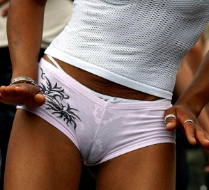 A thong through see through shorts