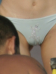 Cameltoe through single layer bikini bottom